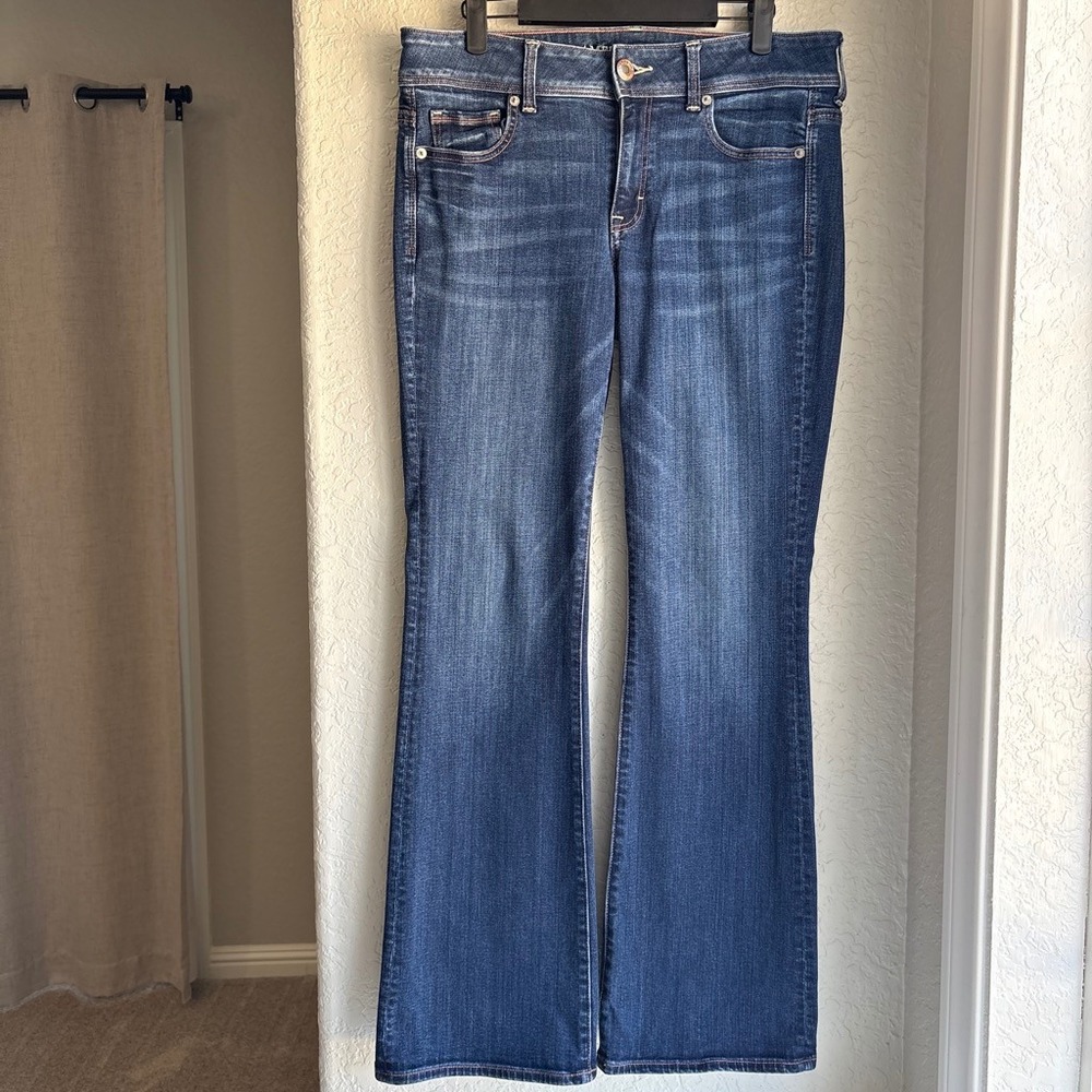 American Eagle Women 10 Kick Boot Jeans Blue Super Stretch Dark Wash Regular Low
